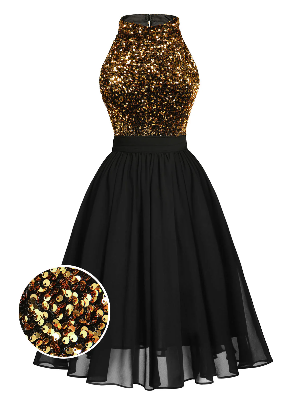 Black 1950s Gold Glitter Patchwork Dress - Image 3
