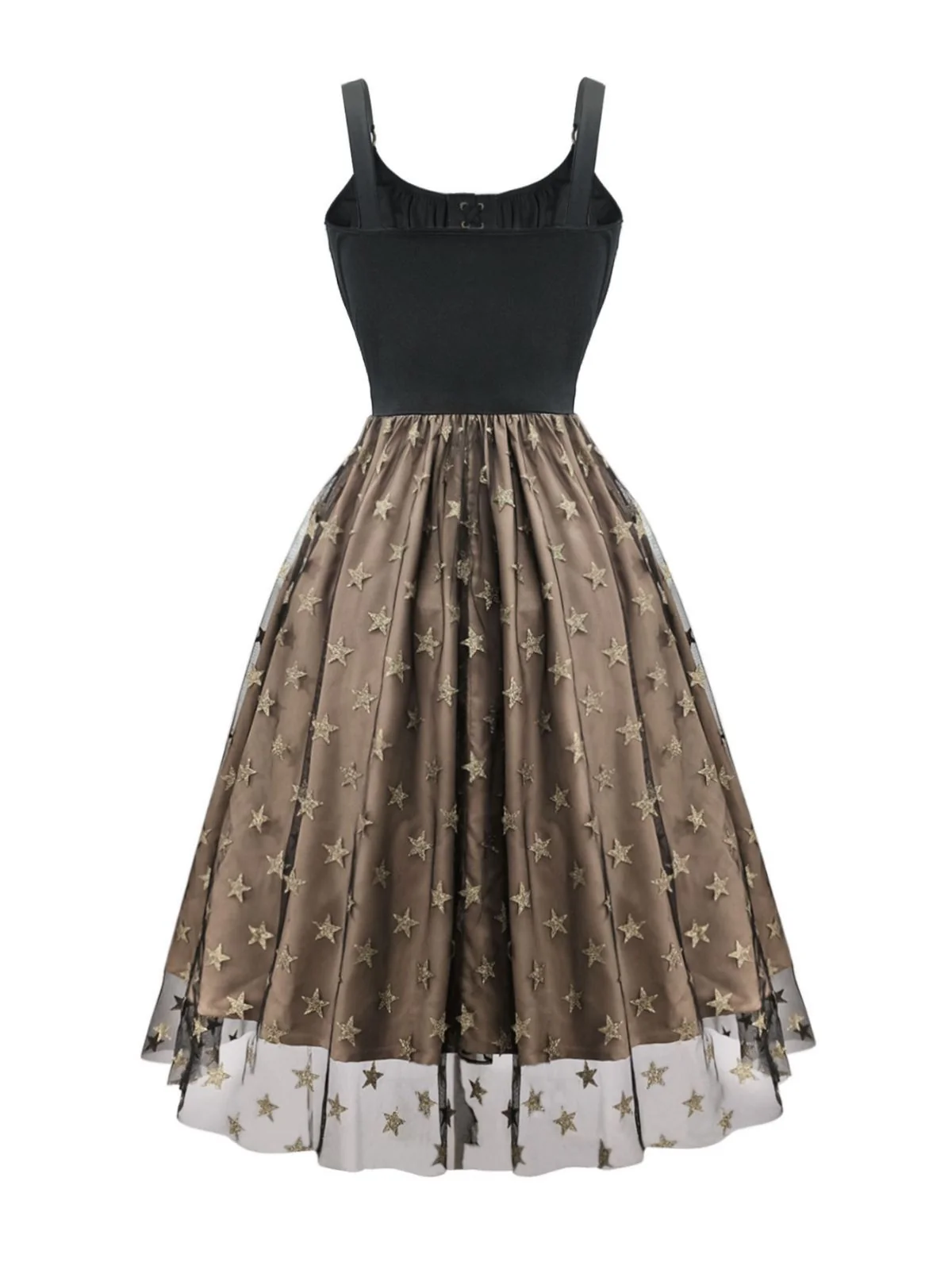 Black 1950s Gold Star Sequined Mesh Ruched Dress - Image 2