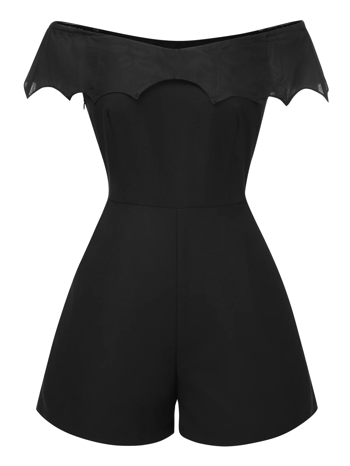 Black 1950s Gothic Bat Off-Shoulder Mesh Romper - Image 4