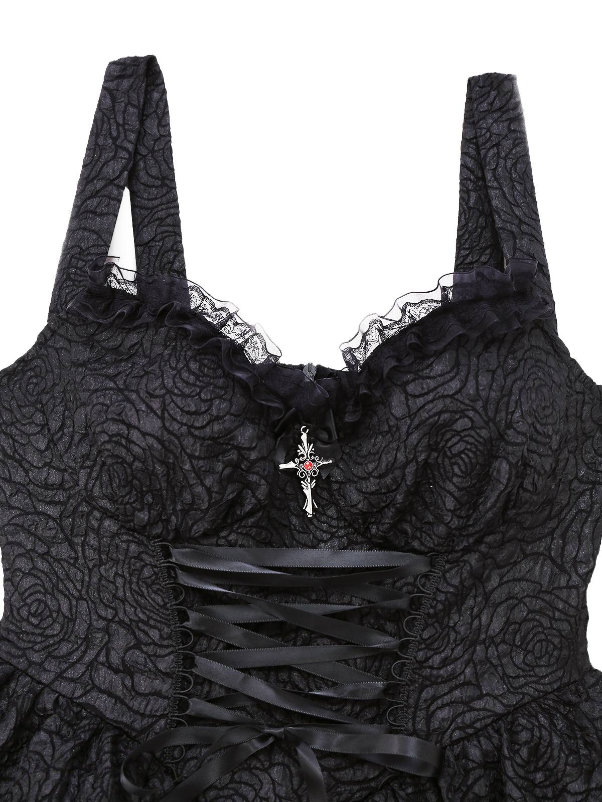 Black 1950s Gothic Lace Panel Bow Tie Lace-up Dress - Image 3