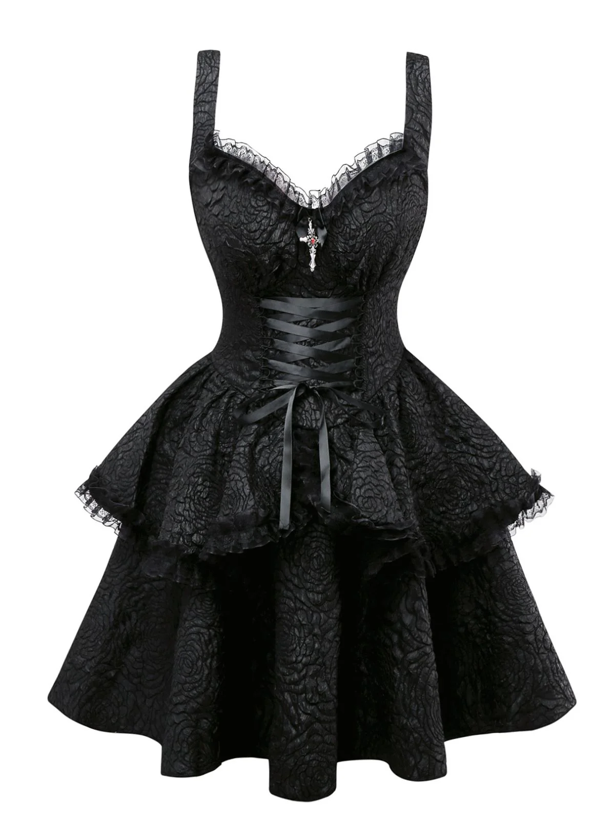 Black 1950s Gothic Lace Panel Bow Tie Lace-up Dress - Image 4