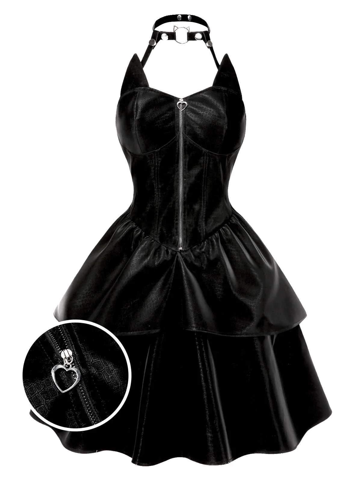 Black 1950s Halloween Catwoman Leather Dress - Image 2