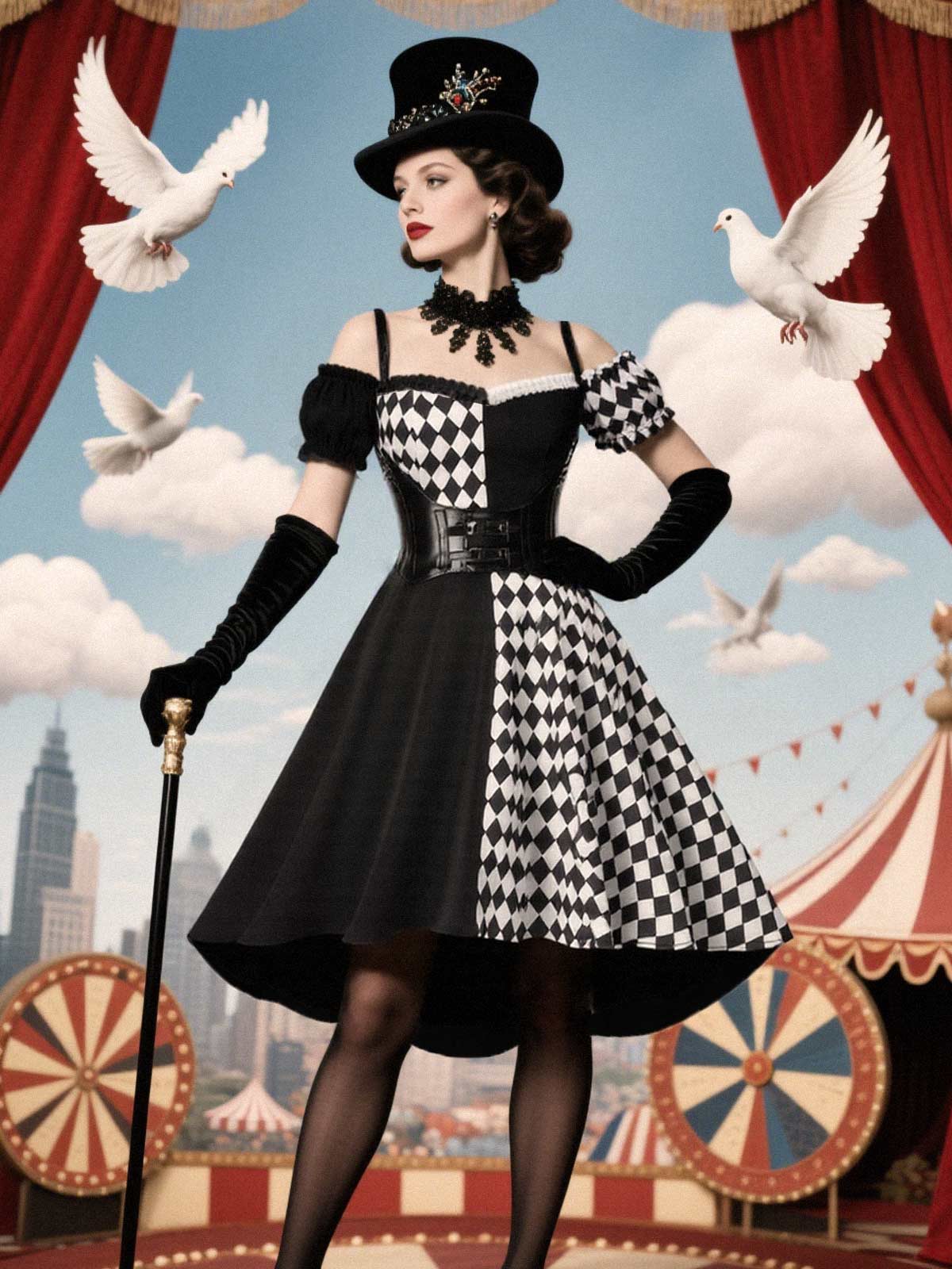 Black 1950s Halloween Harlequin Pattern Dress & Leather Corset - Image 2