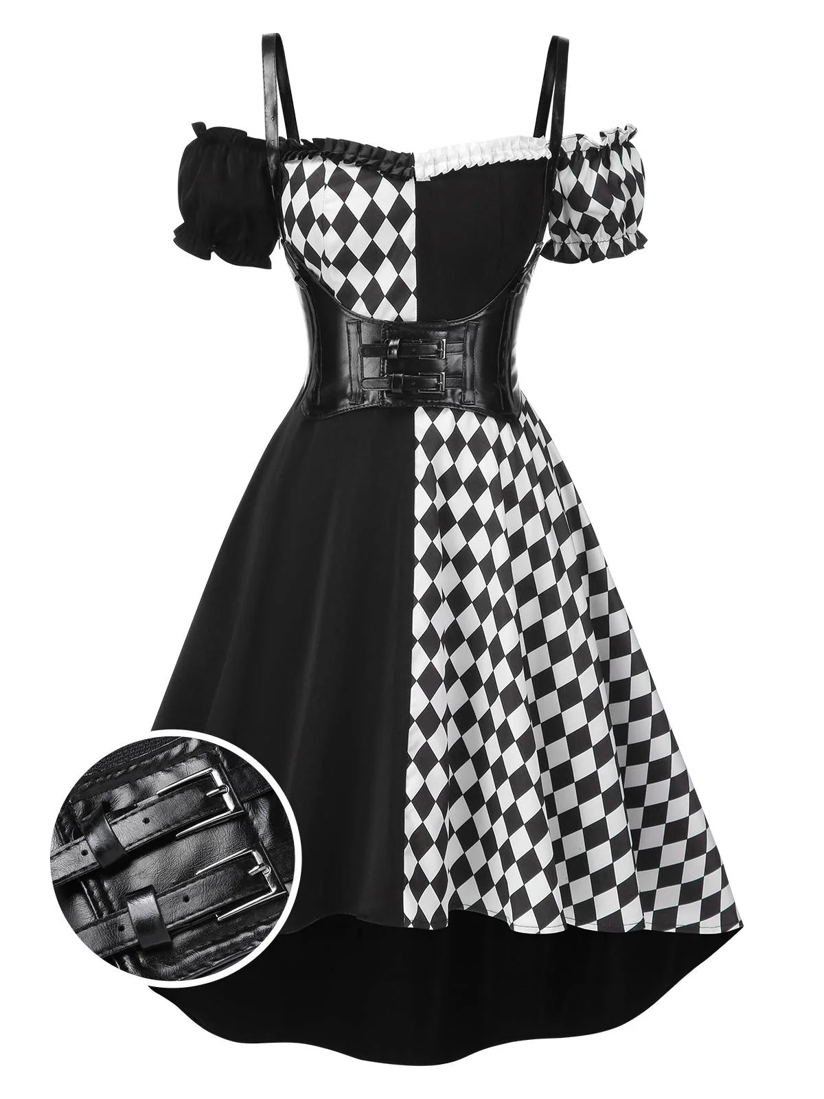 Black 1950s Halloween Harlequin Pattern Dress & Leather Corset - Image 3