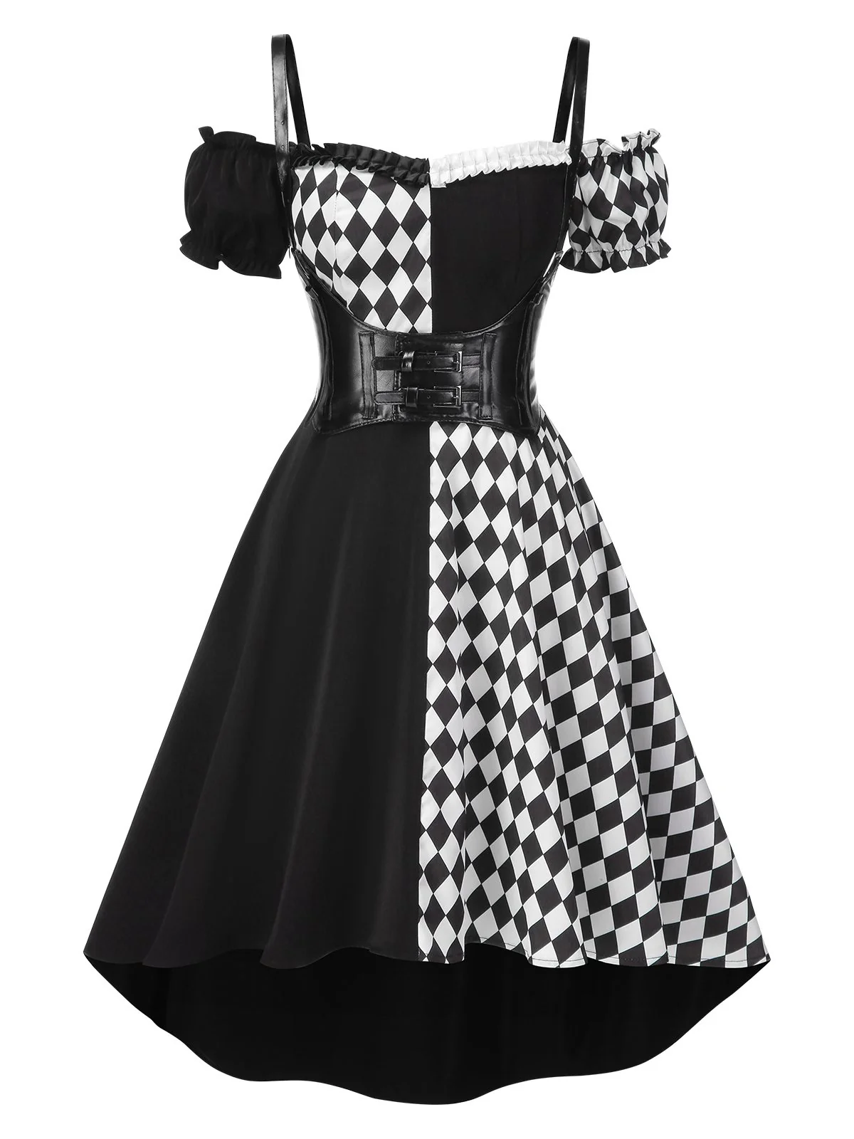 Black 1950s Halloween Harlequin Pattern Dress & Leather Corset - Image 4