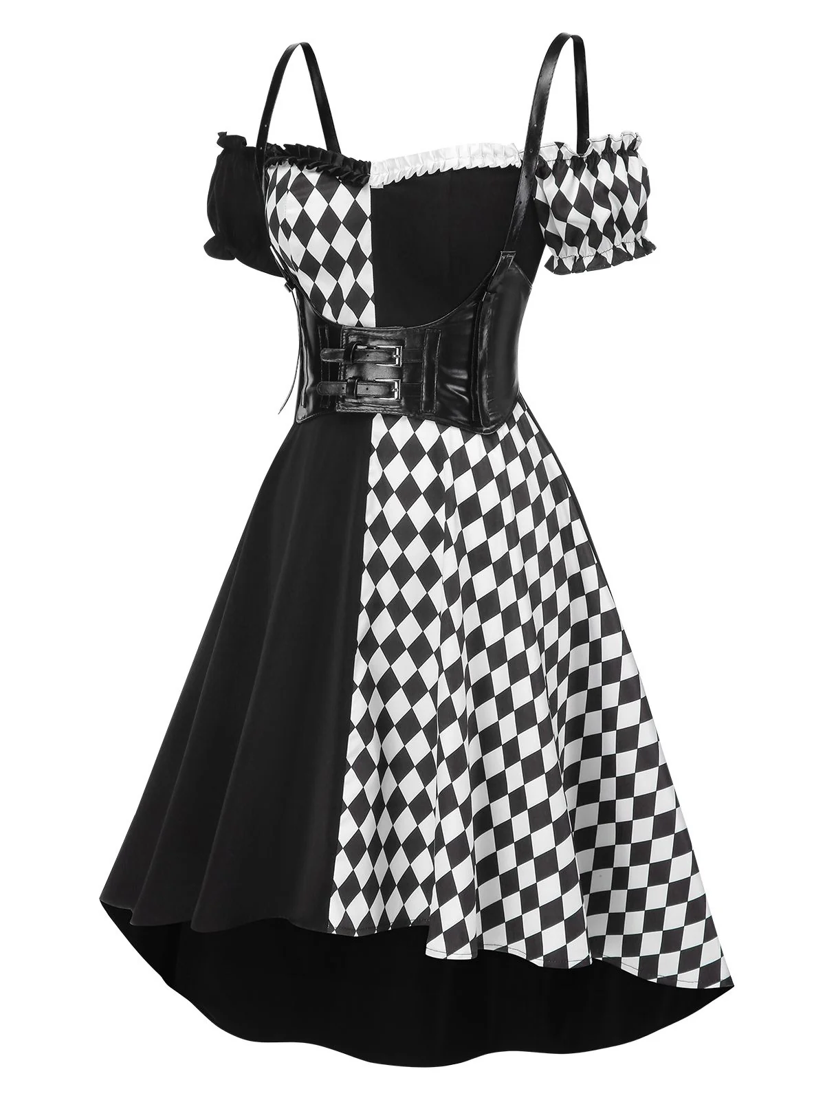 Black 1950s Halloween Harlequin Pattern Dress & Leather Corset - Image 5