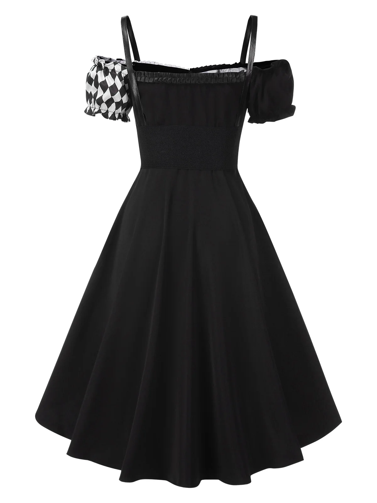 Black 1950s Halloween Harlequin Pattern Dress & Leather Corset - Image 6