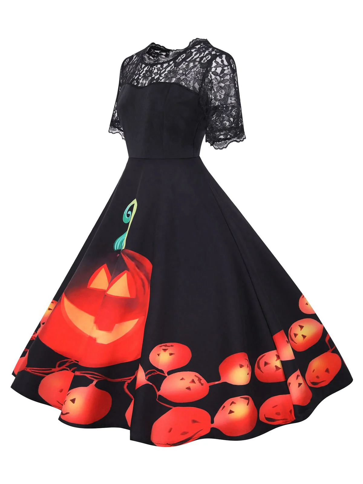 Black 1950s Halloween Lace Sleeves Patchwork Dress - Image 2