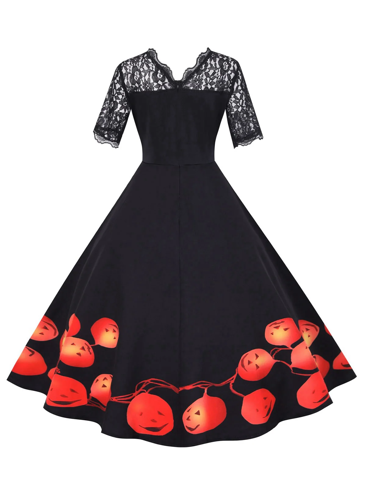 Black 1950s Halloween Lace Sleeves Patchwork Dress - Image 3