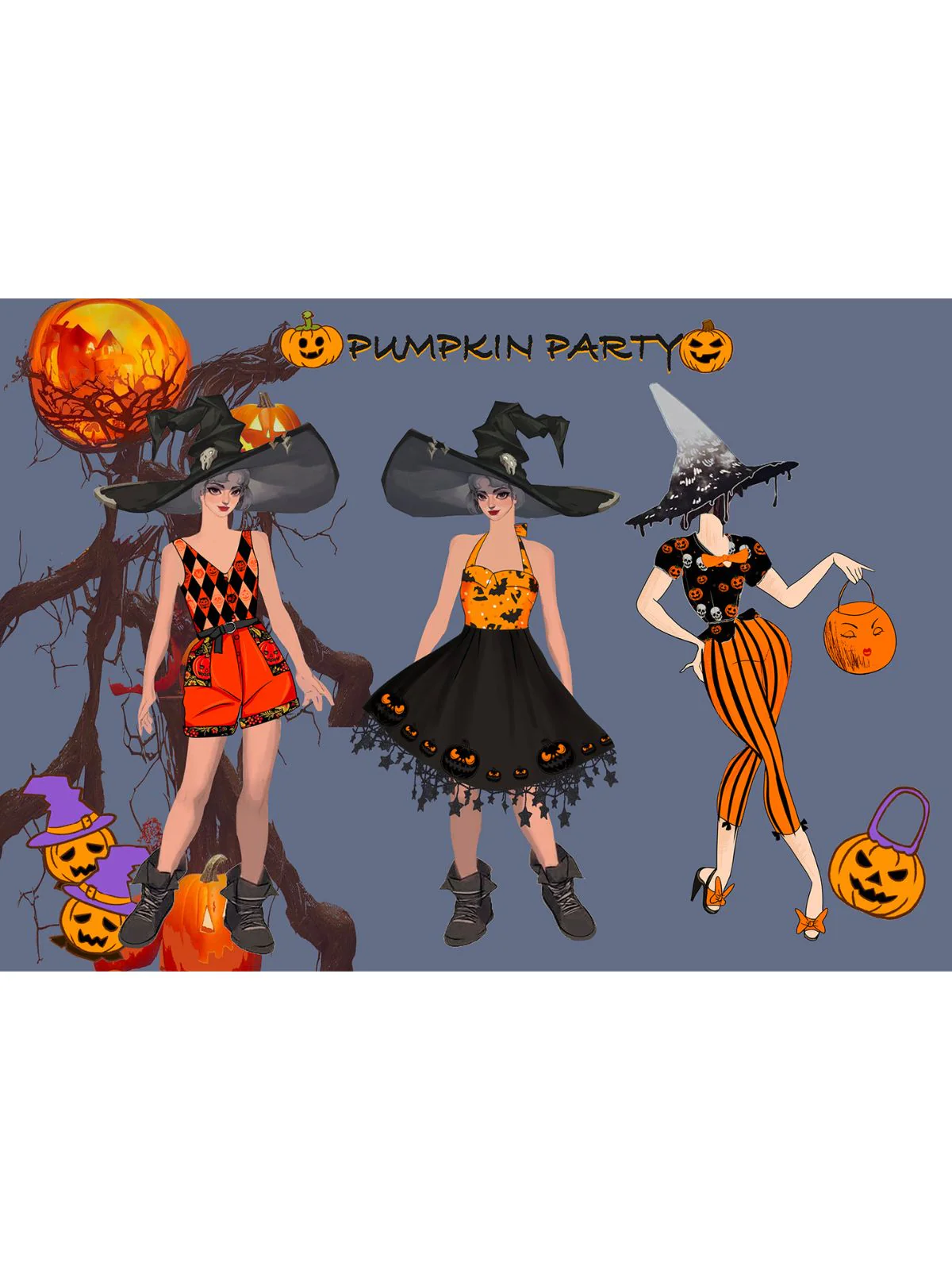 Black 1950s Halloween Pumpkin Bat Halter Dress - Image 2