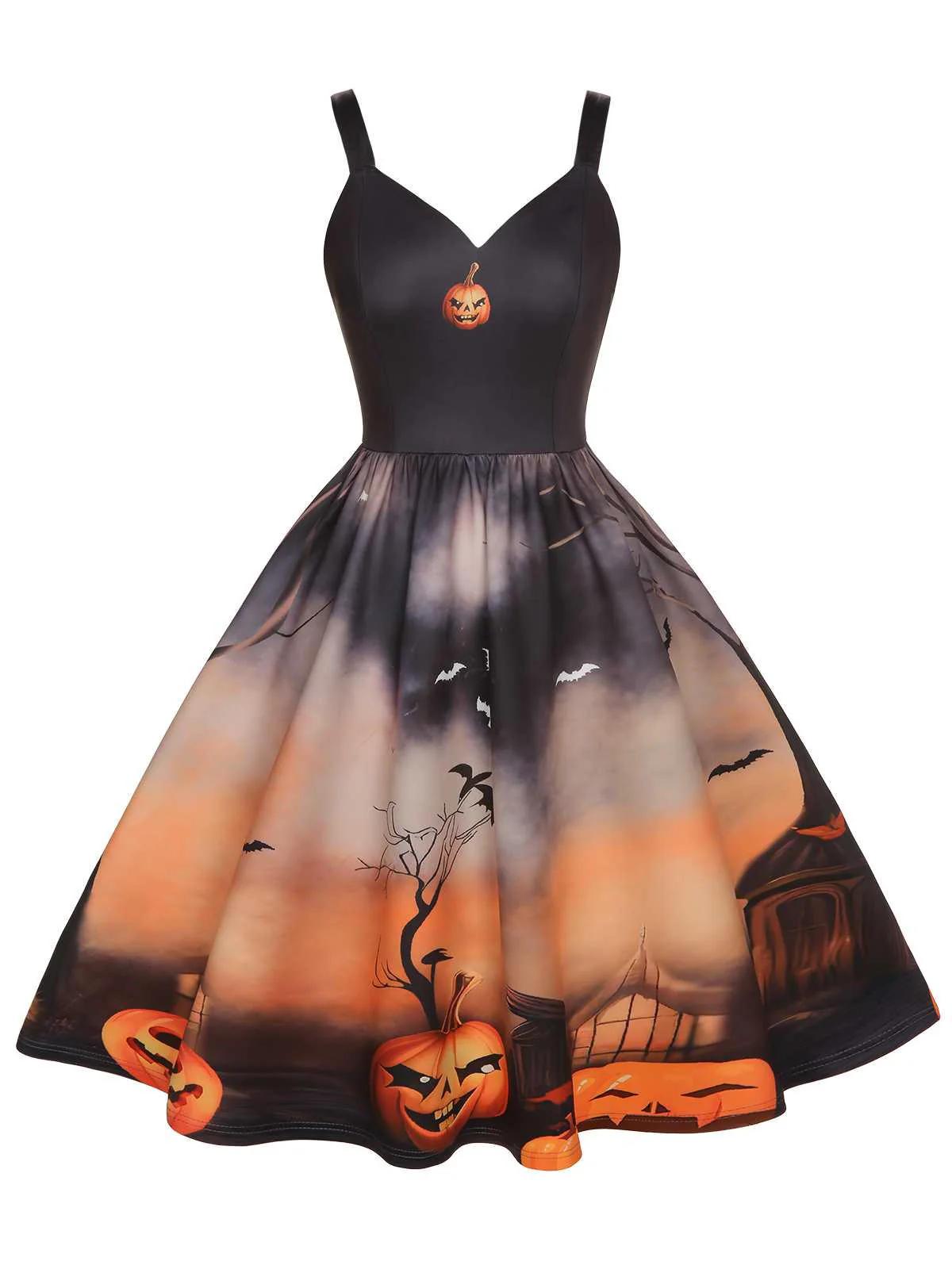 Black 1950s Halloween Pumpkin Swing Dress - Image 2