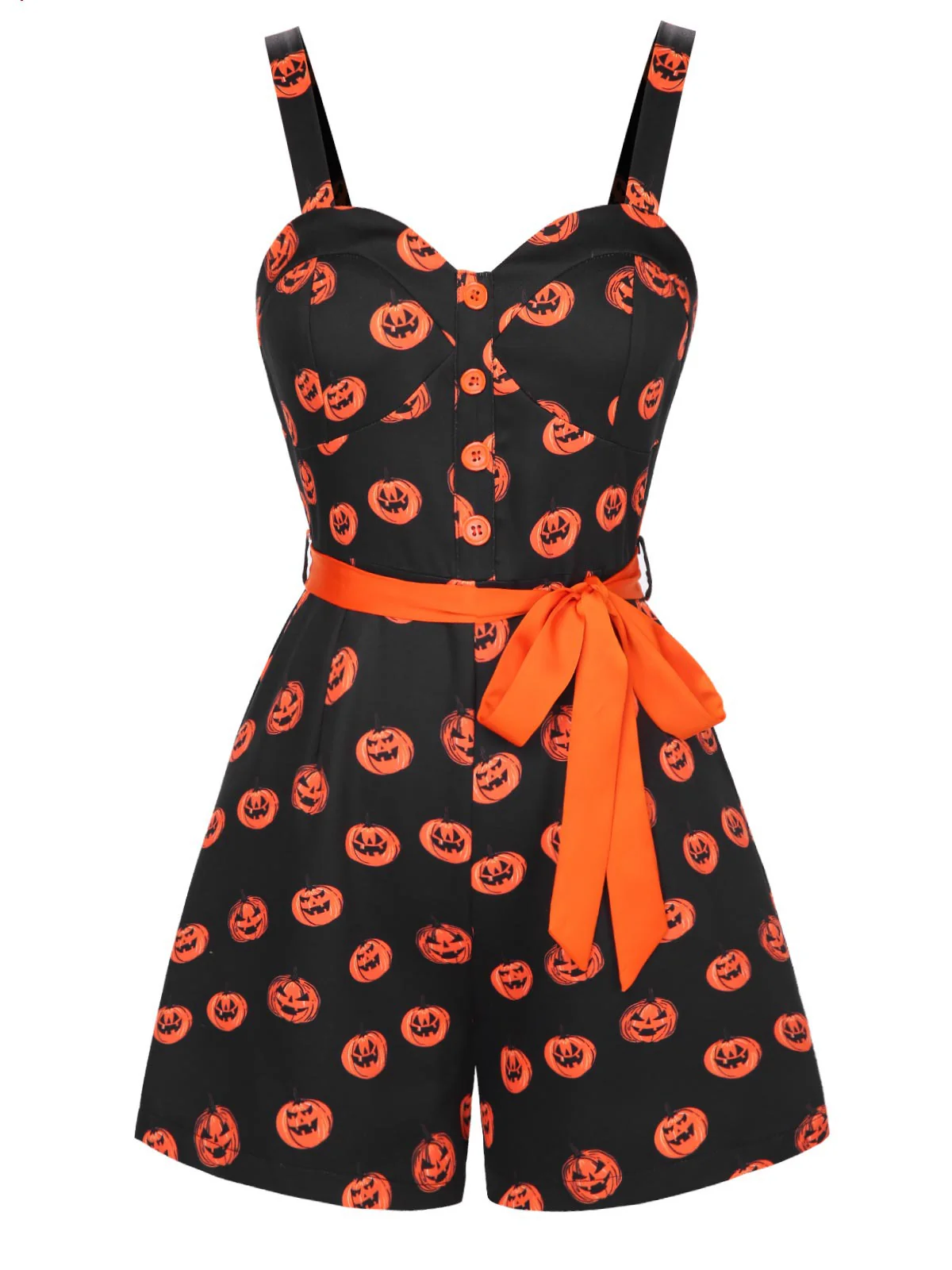 Black 1950s Halloween Pumpkin Face Romper - Image 2