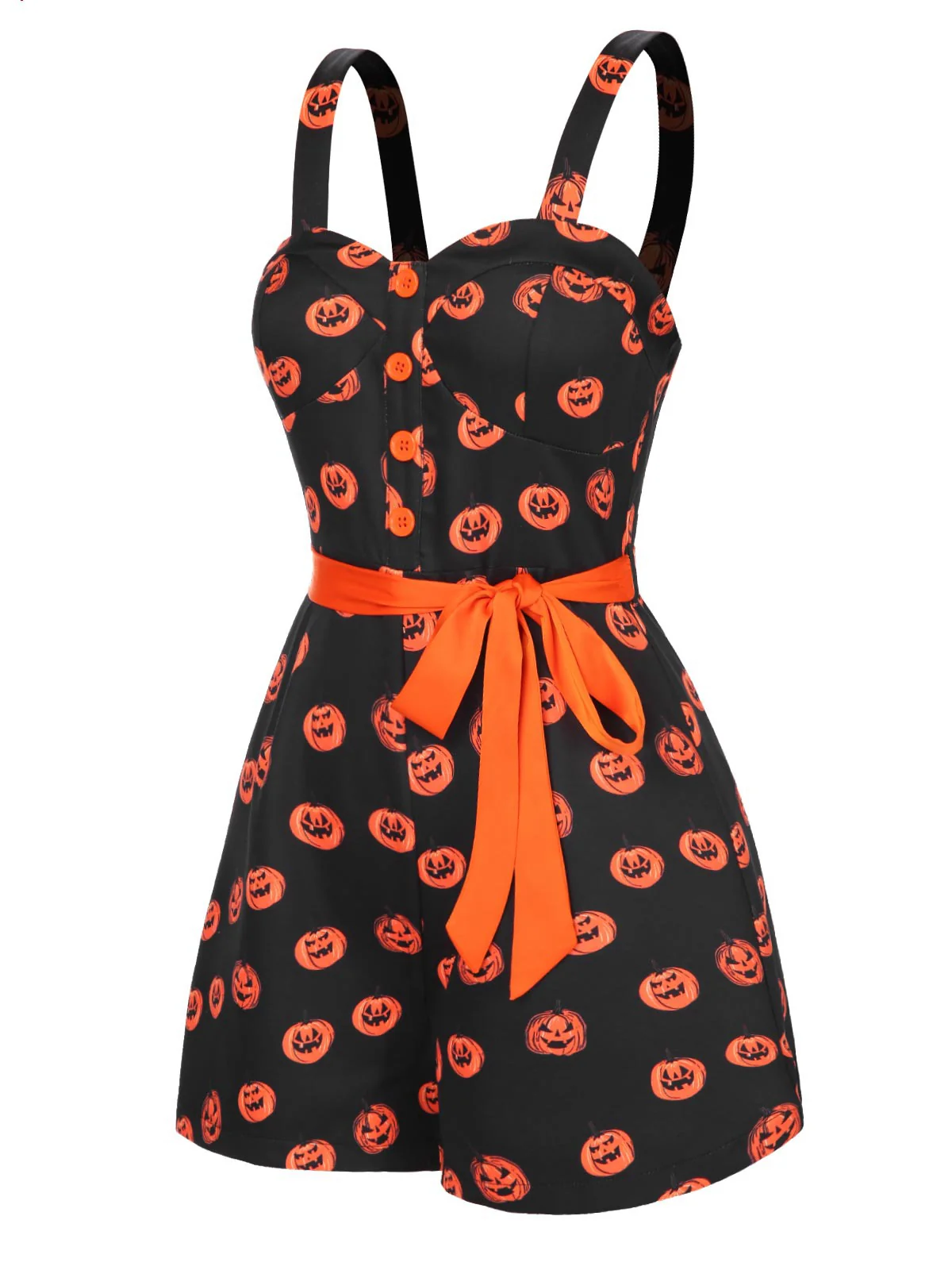 Black 1950s Halloween Pumpkin Face Romper - Image 3
