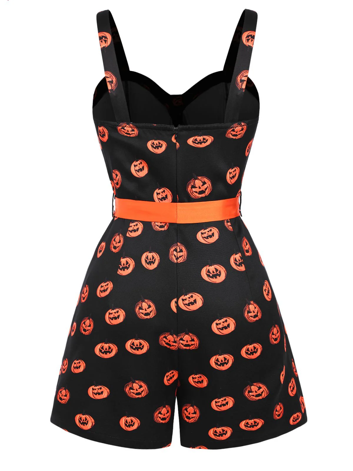 Black 1950s Halloween Pumpkin Face Romper - Image 4