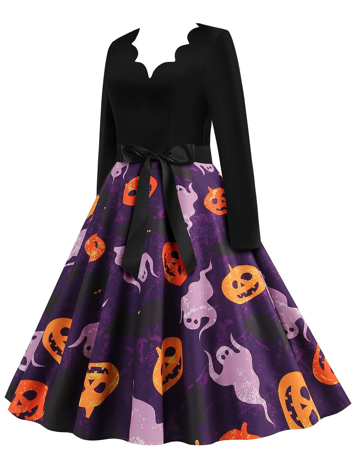 Black 1950s Halloween Pumpkin Ghost Petal Collar Dress - Image 2