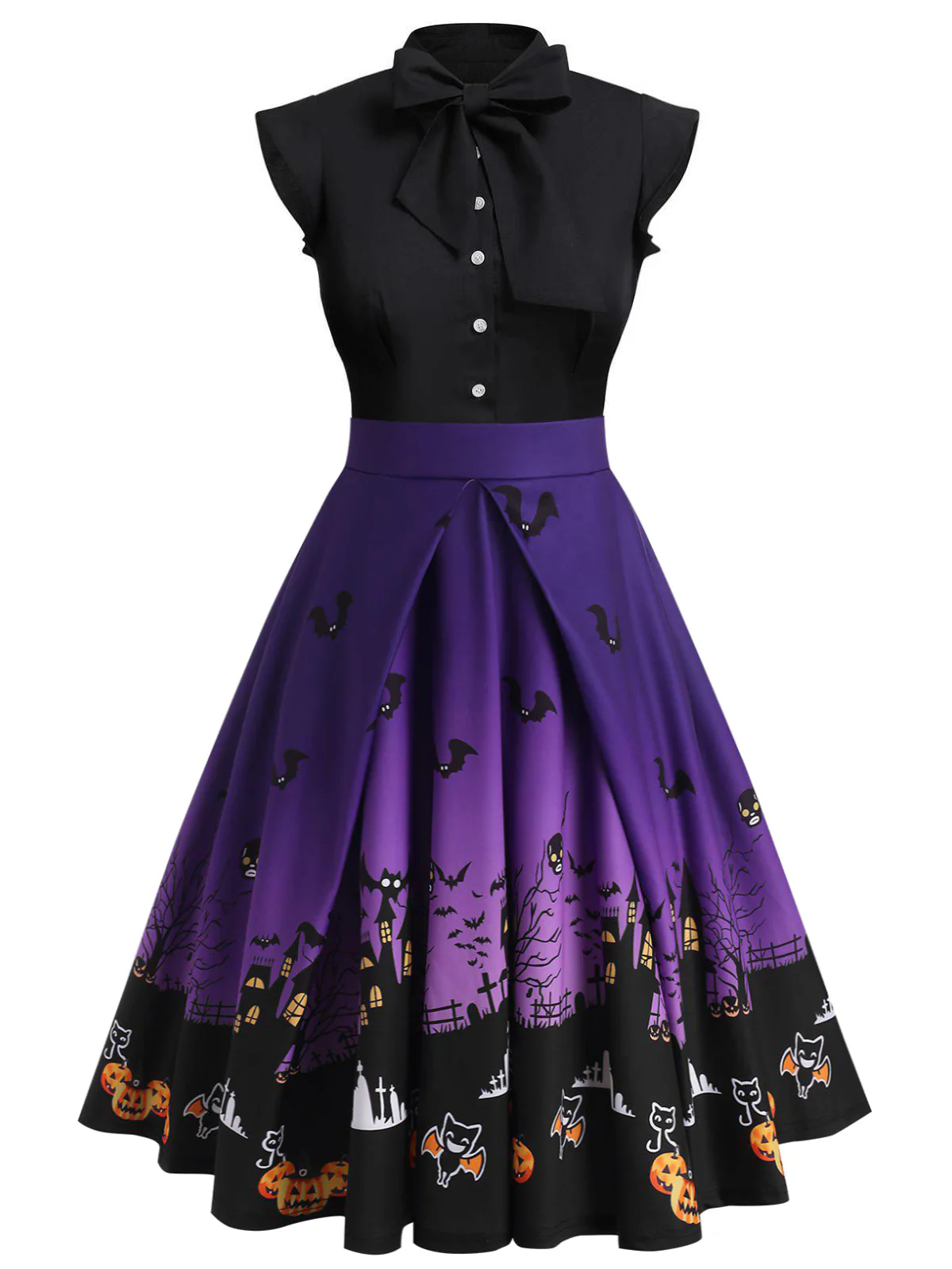 Black 1950s Halloween Pumpkin Patchwork Dress - Image 2