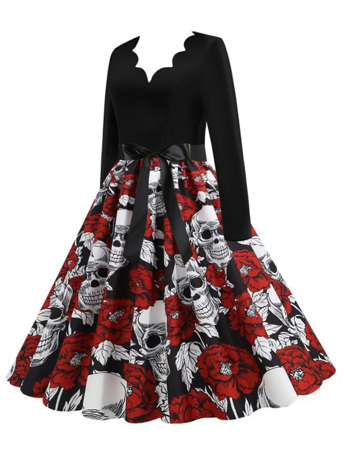 Black 1950s Halloween Roses Skull Petal Collar Dress - Image 2