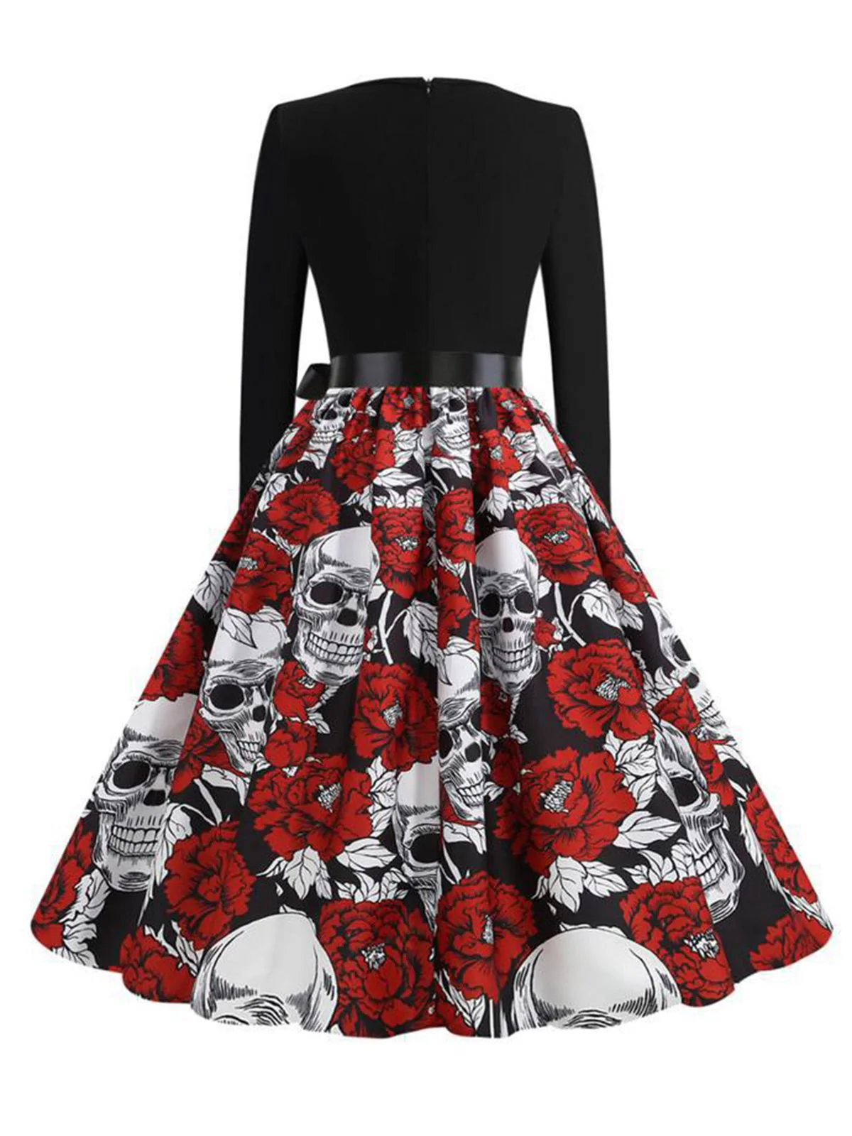 Black 1950s Halloween Roses Skull Petal Collar Dress - Image 3