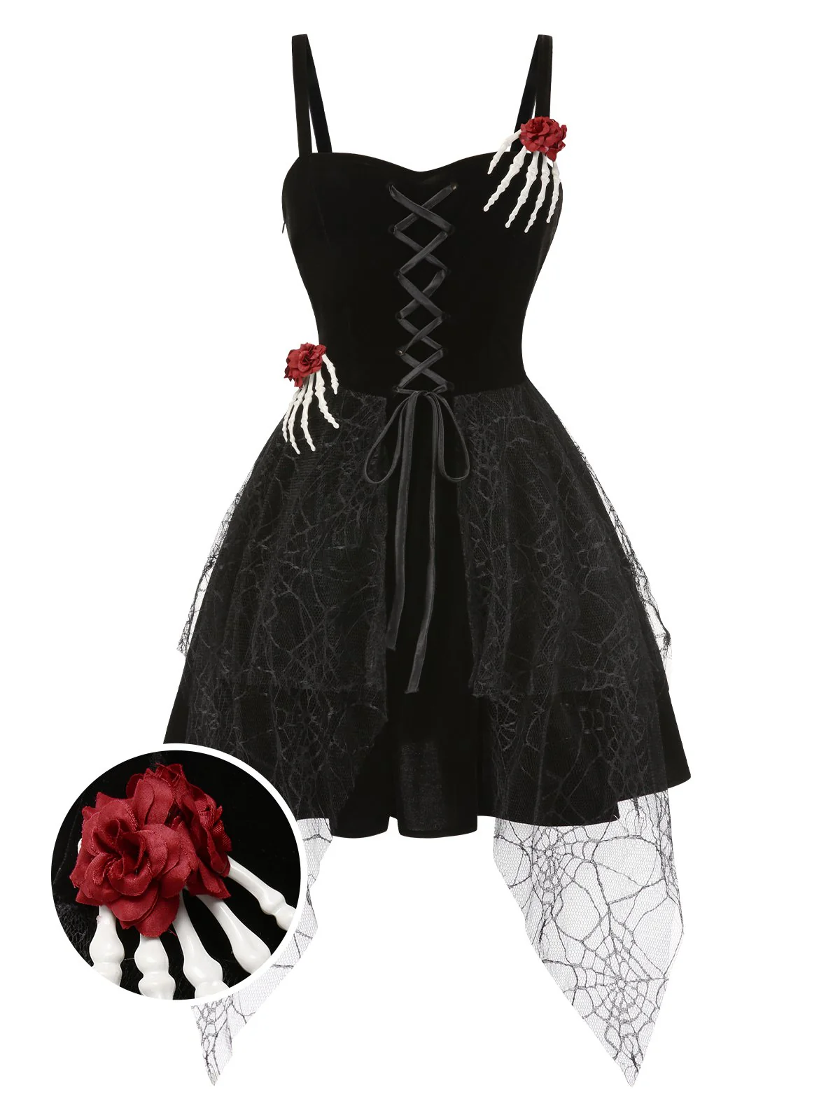 Black 1950s Halloween Skeleton Hand Spiderweb Rose Dress - Image 2