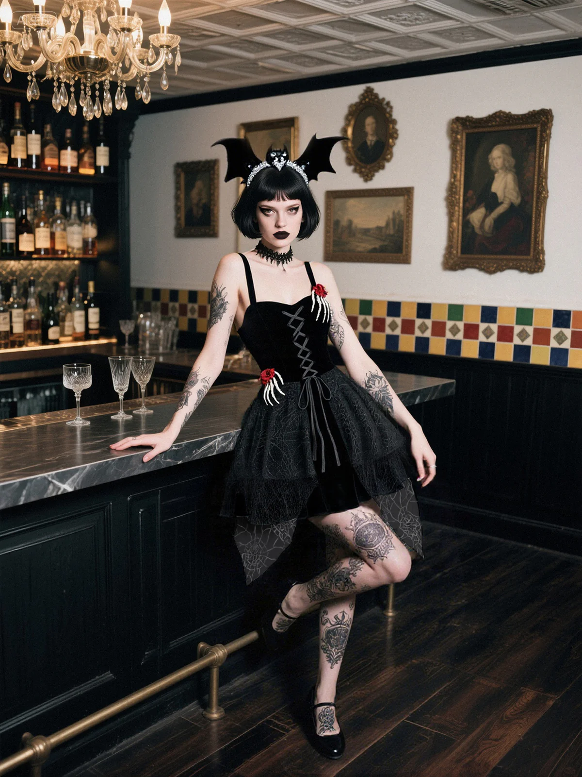 Black 1950s Halloween Skeleton Hand Spiderweb Rose Dress - Image 3