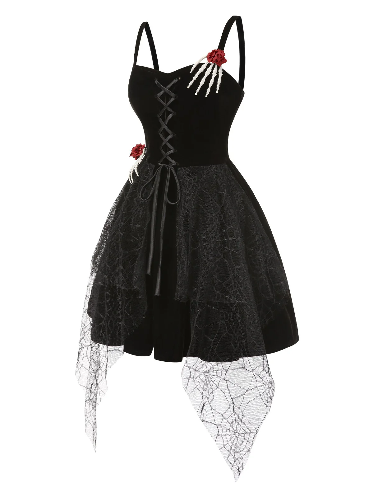 Black 1950s Halloween Skeleton Hand Spiderweb Rose Dress - Image 4