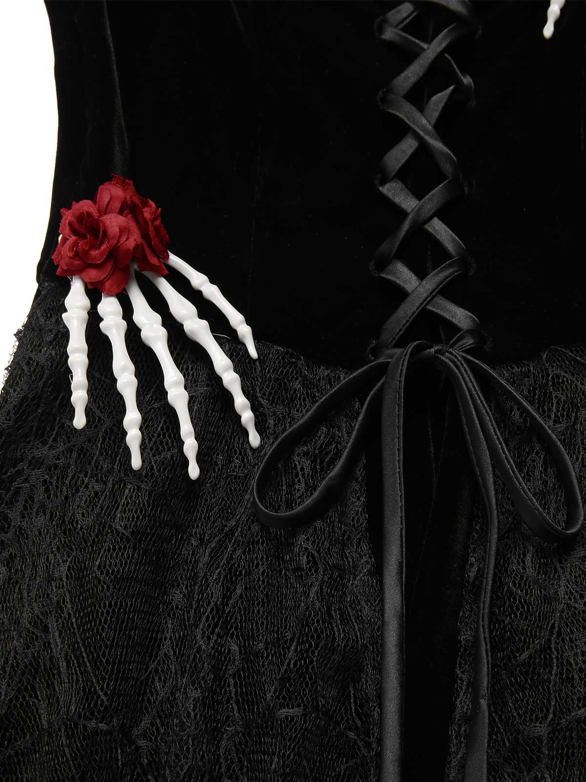 Black 1950s Halloween Skeleton Hand Spiderweb Rose Dress - Image 7