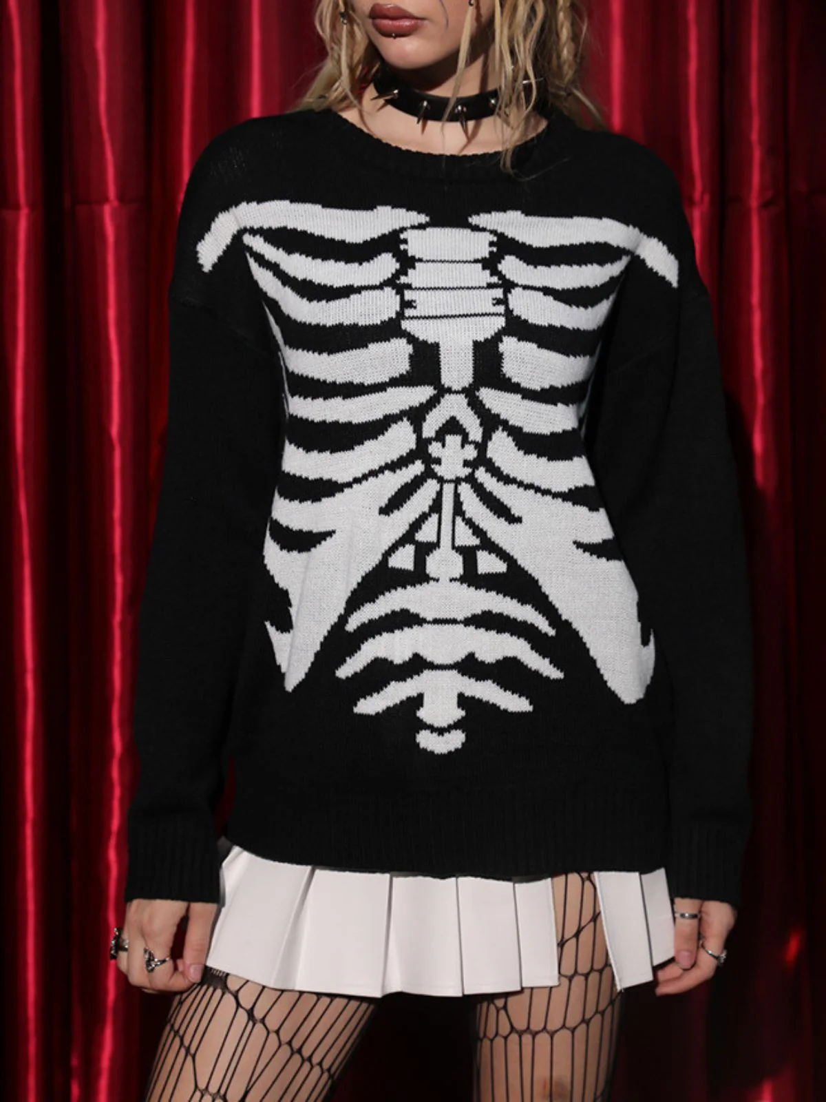Black 1950s Halloween Skeleton Print Knit Sweater - Image 3