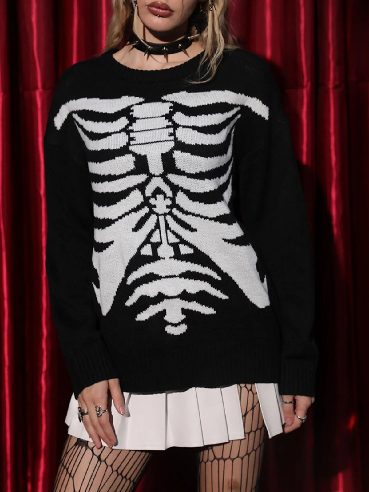 Black 1950s Halloween Skeleton Print Knit Sweater - Image 4