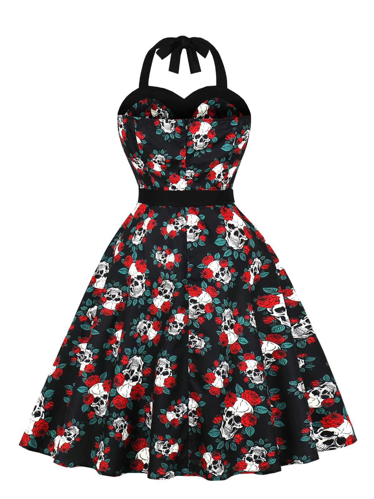 Black 1950s Halloween Skull Roses Halter Dress - Image 2