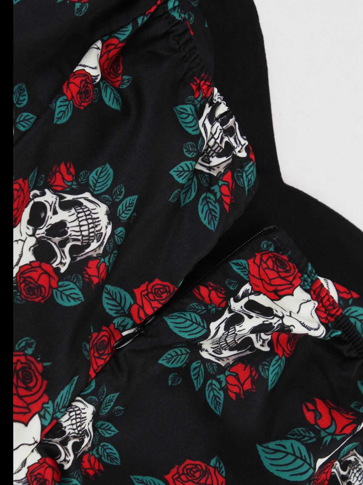 Black 1950s Halloween Skull Roses Halter Dress - Image 3