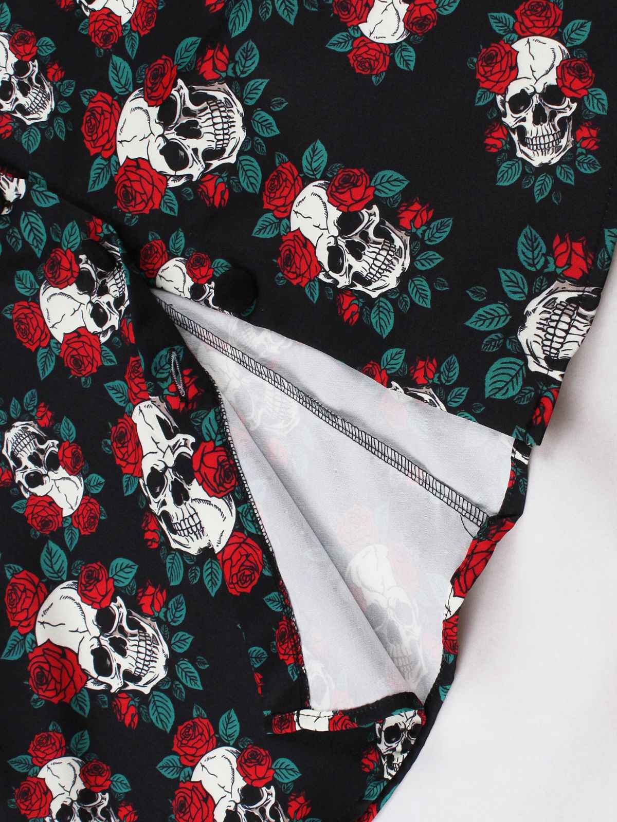 Black 1950s Halloween Skull Roses Halter Dress - Image 4