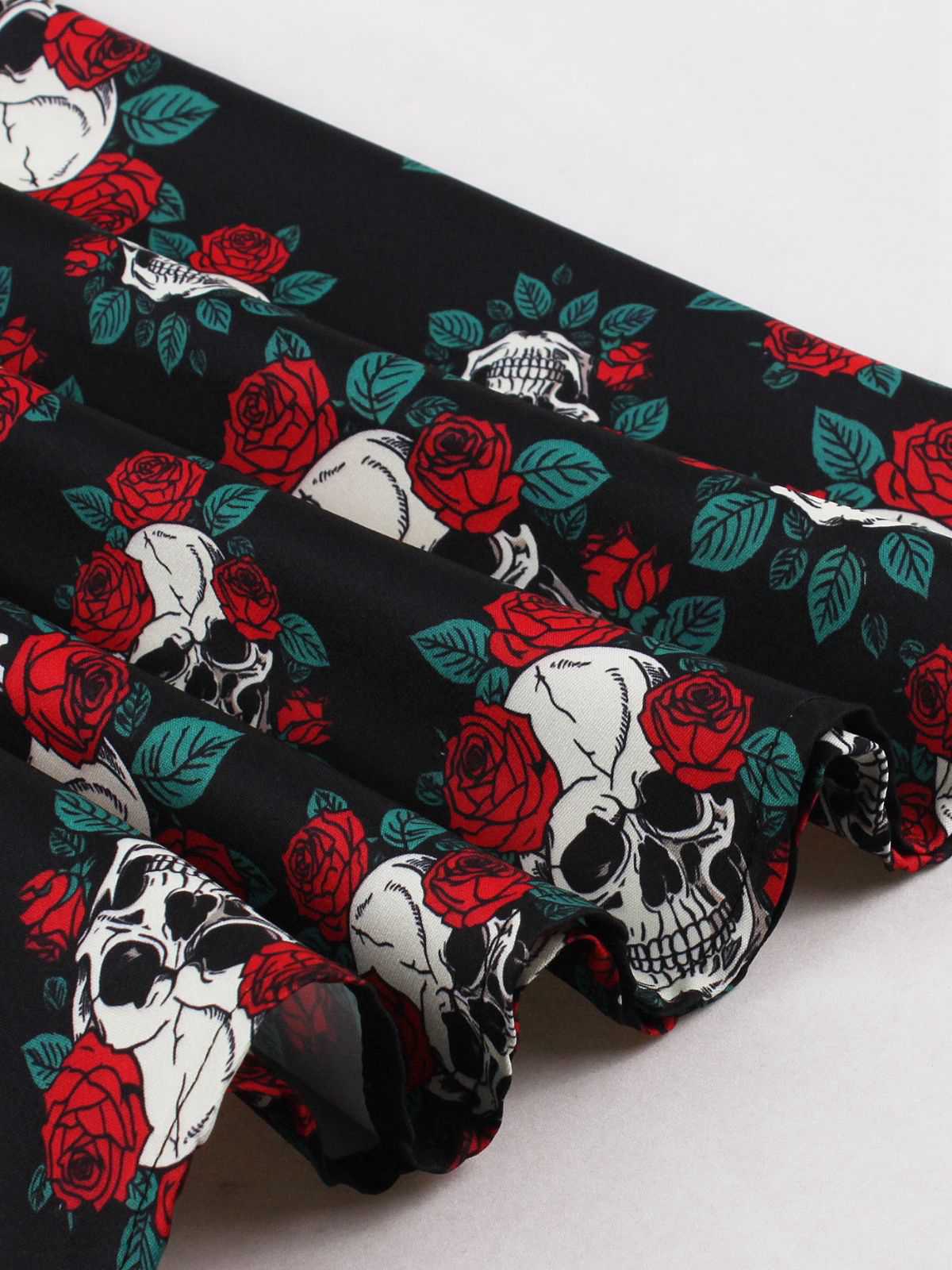 Black 1950s Halloween Skull Roses Halter Dress - Image 5