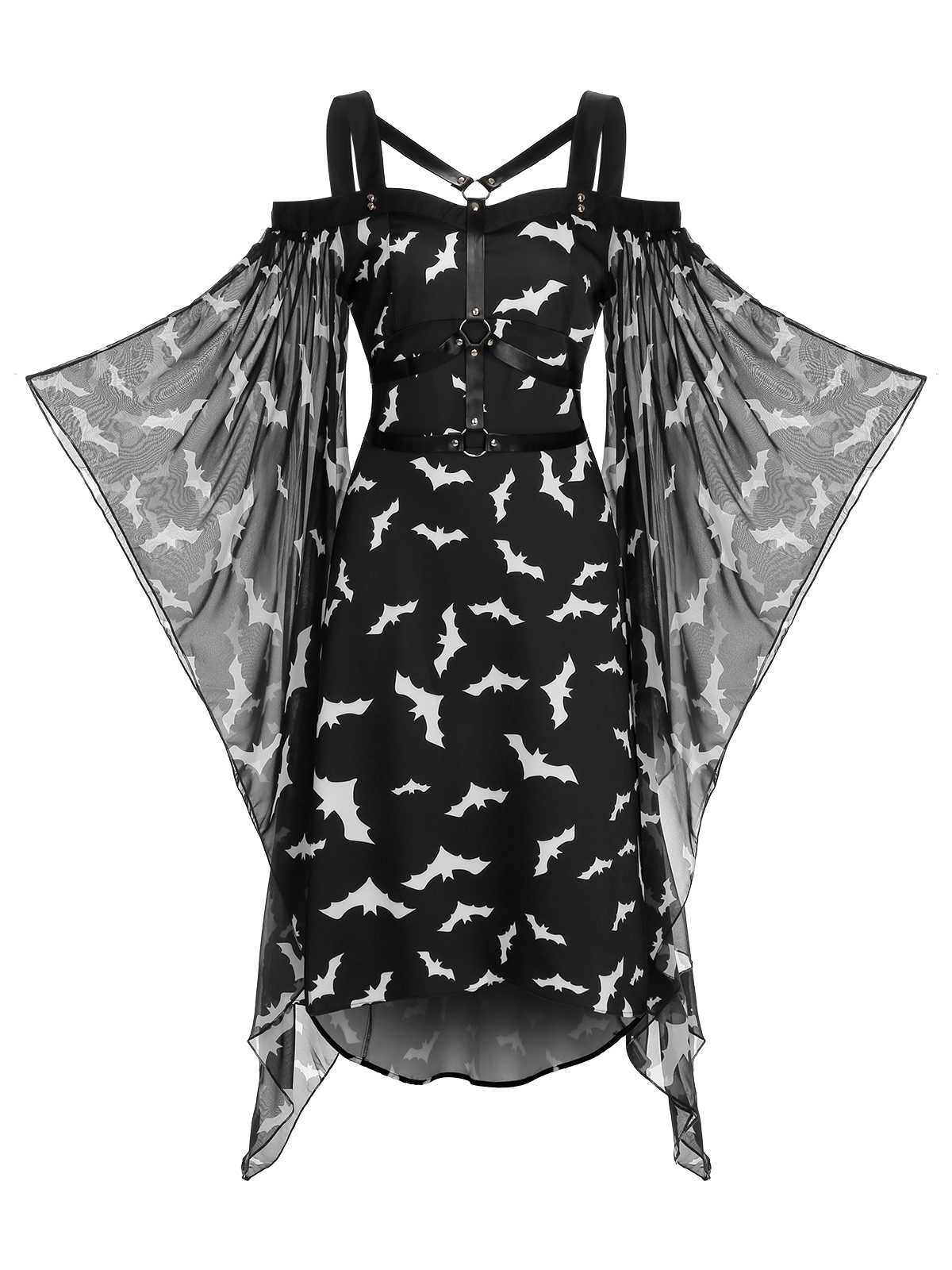 Black 1950s Halloween Spaghetti Strap Bat Dress - Image 2