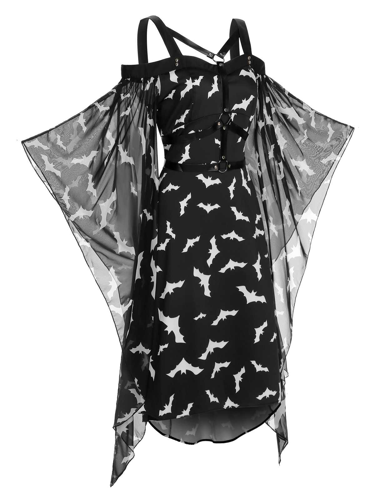 Black 1950s Halloween Spaghetti Strap Bat Dress - Image 3