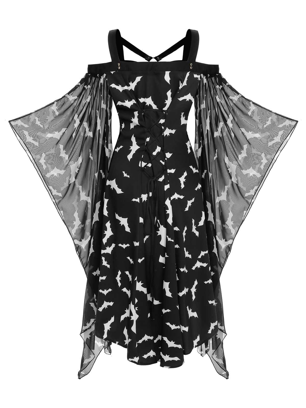 Black 1950s Halloween Spaghetti Strap Bat Dress - Image 4