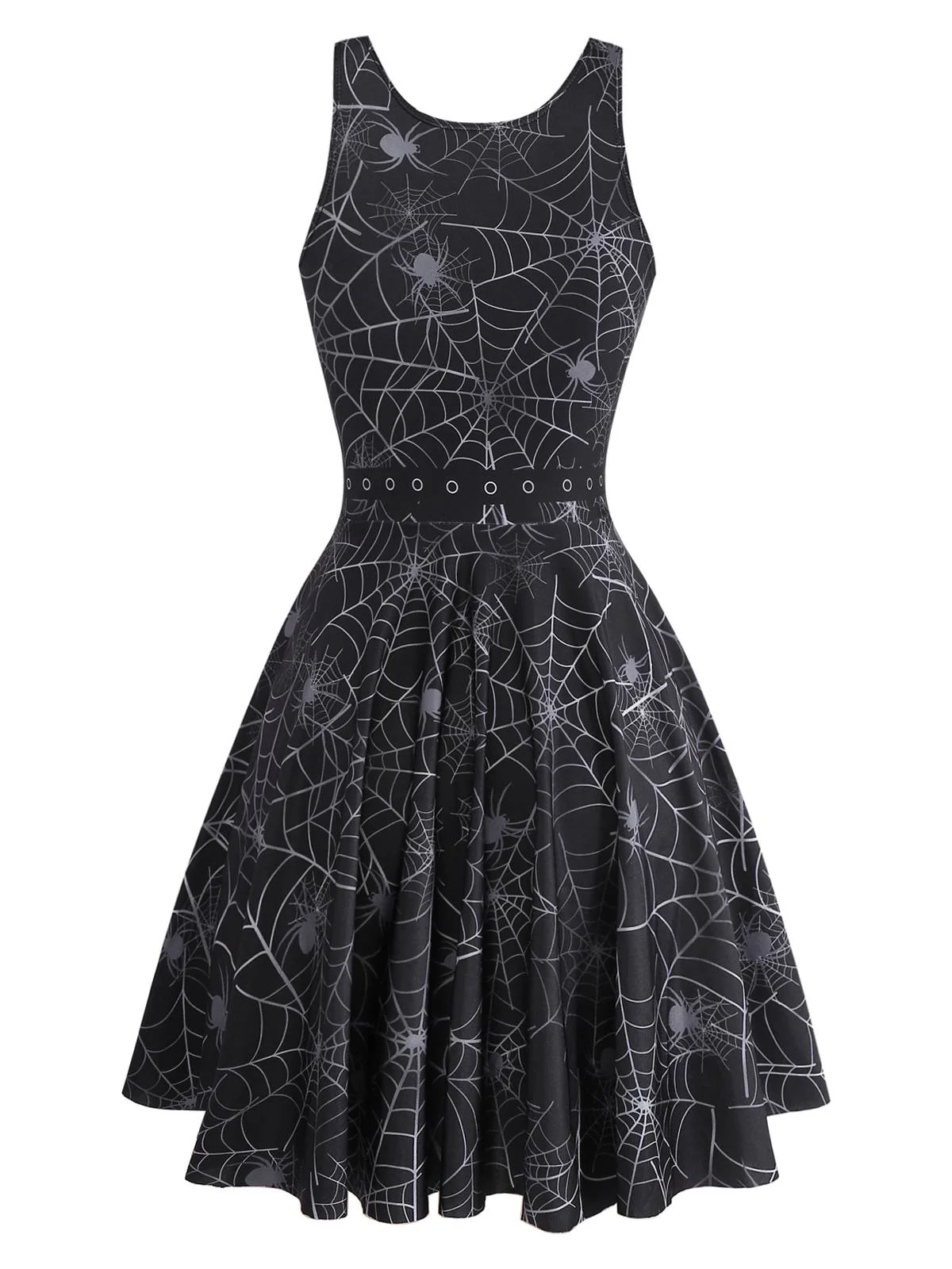 Black 1950s Halloween Spider Web Sleeveless Dress - Image 2