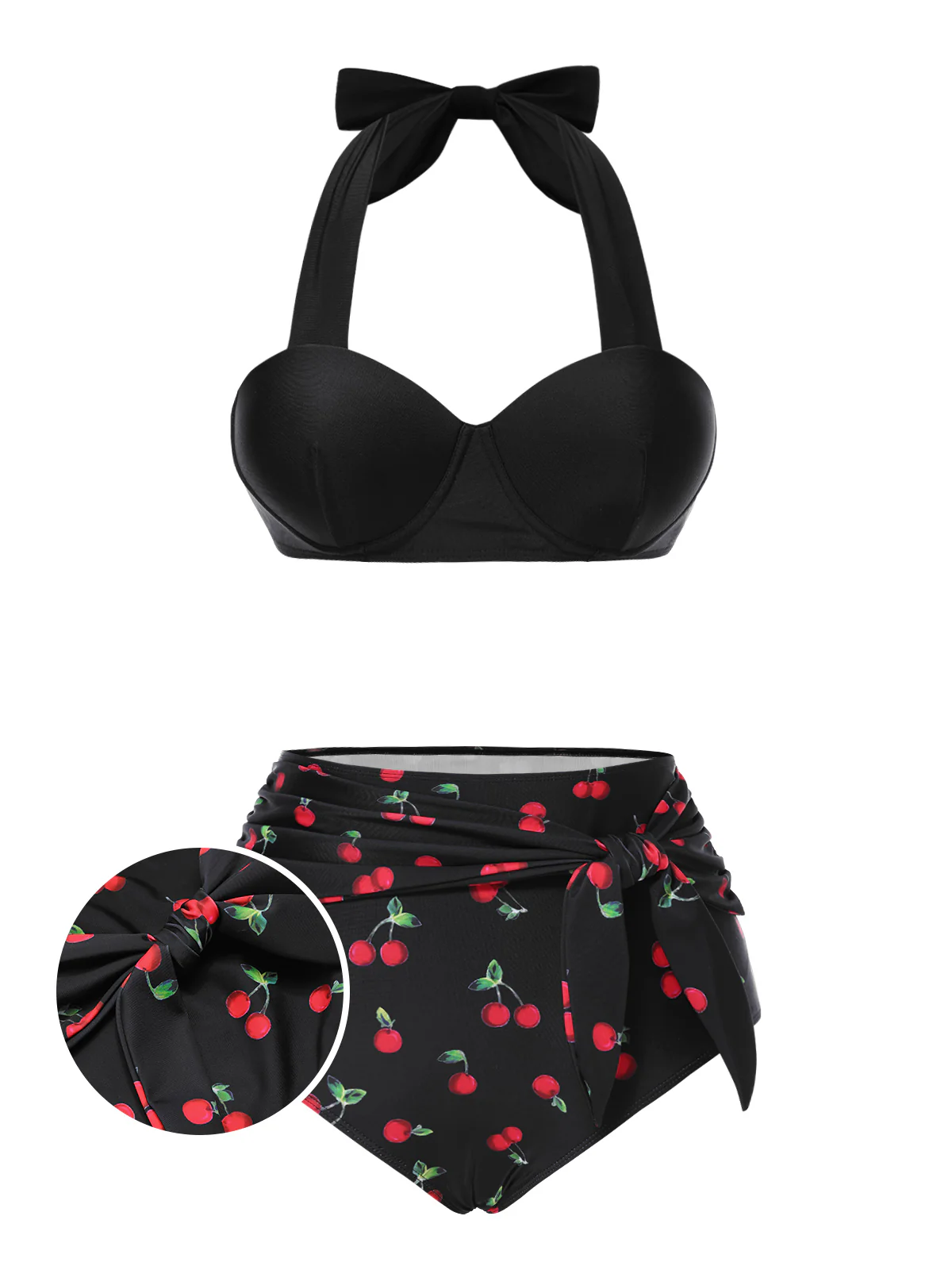 Black 1950s Halter Cherry Bikini Set - Image 2
