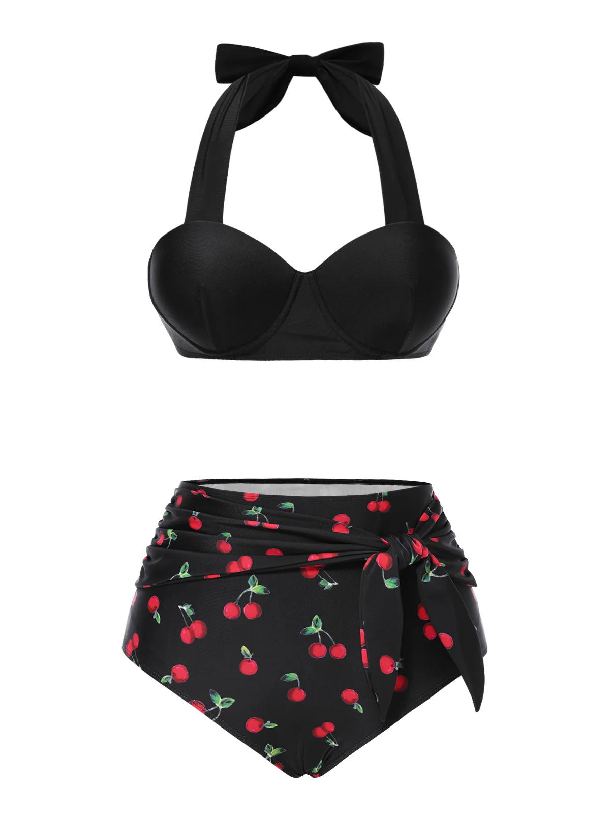 Black 1950s Halter Cherry Bikini Set - Image 3