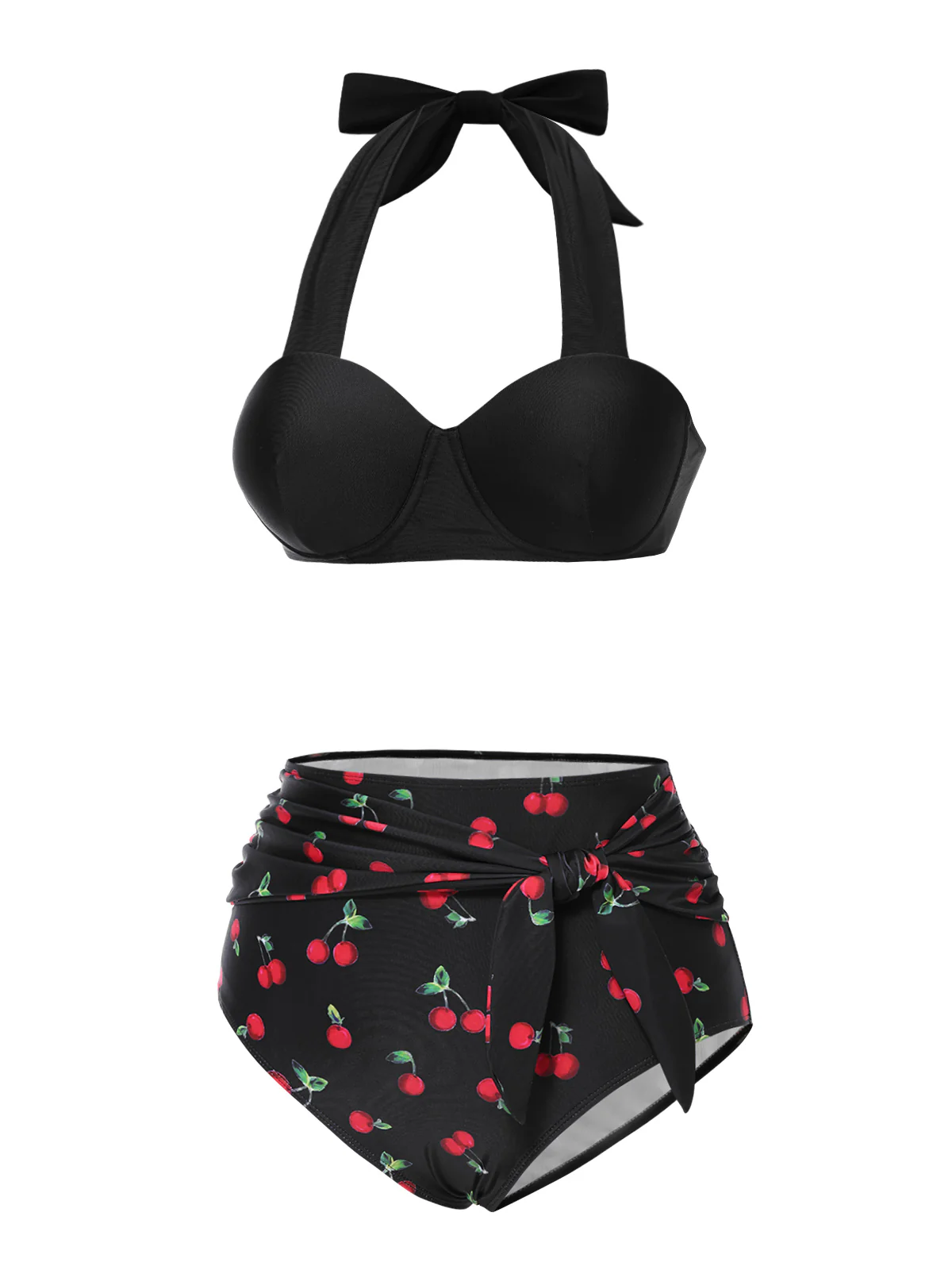 Black 1950s Halter Cherry Bikini Set - Image 4