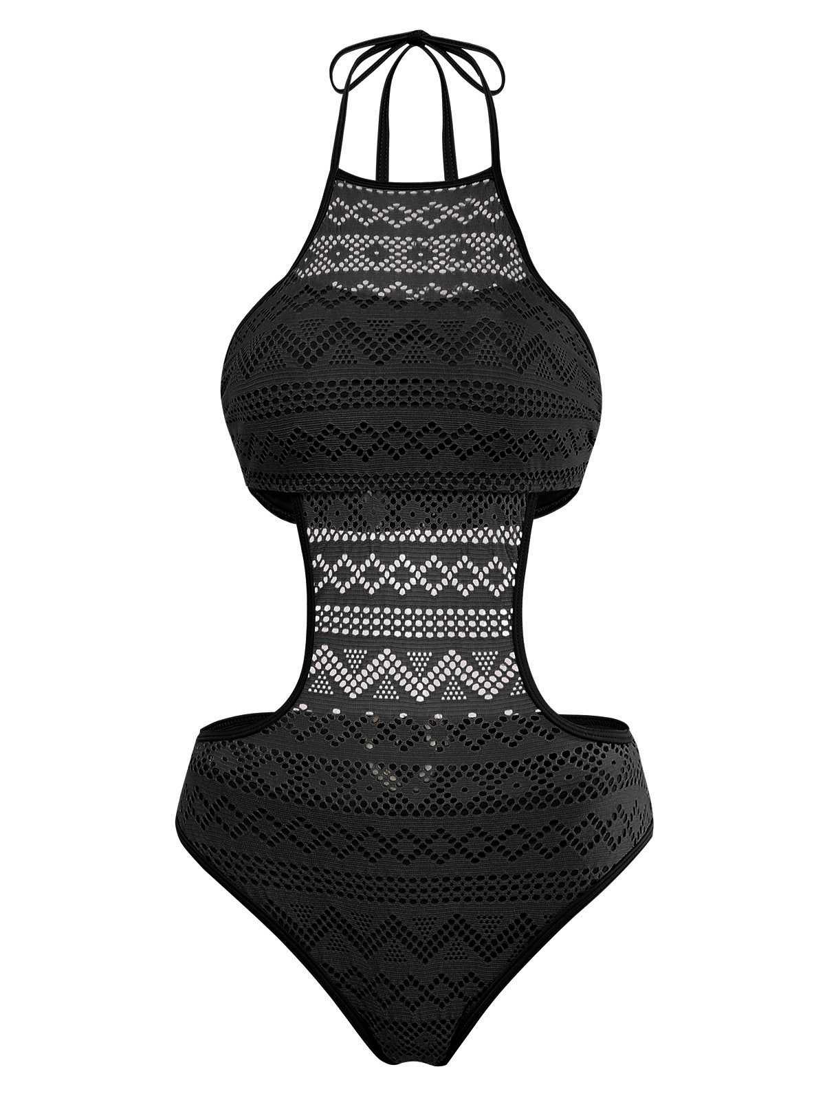 Black 1950s Halter Cut-Out Solid One-Piece Swimsuit - Image 2