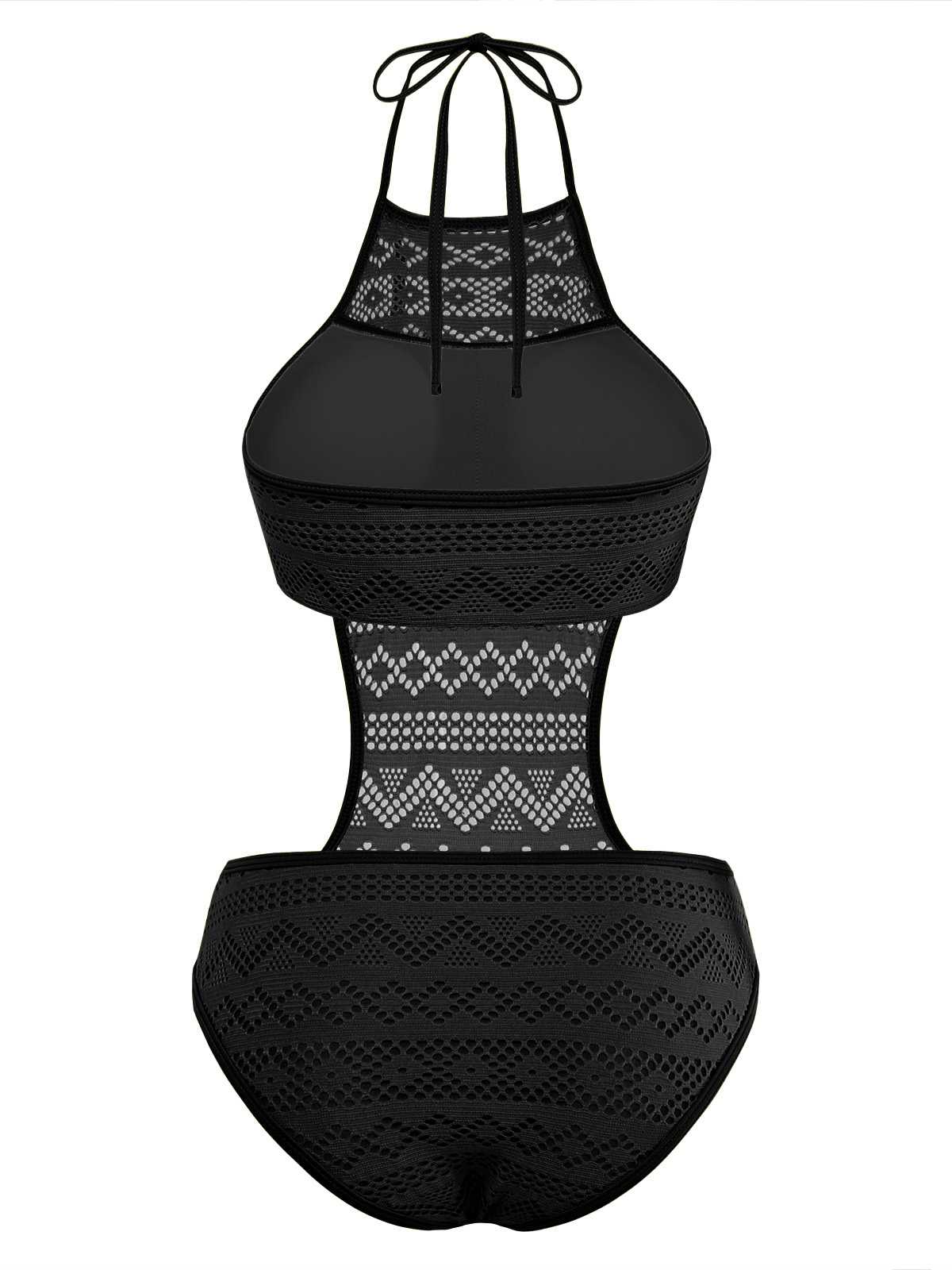 Black 1950s Halter Cut-Out Solid One-Piece Swimsuit - Image 3