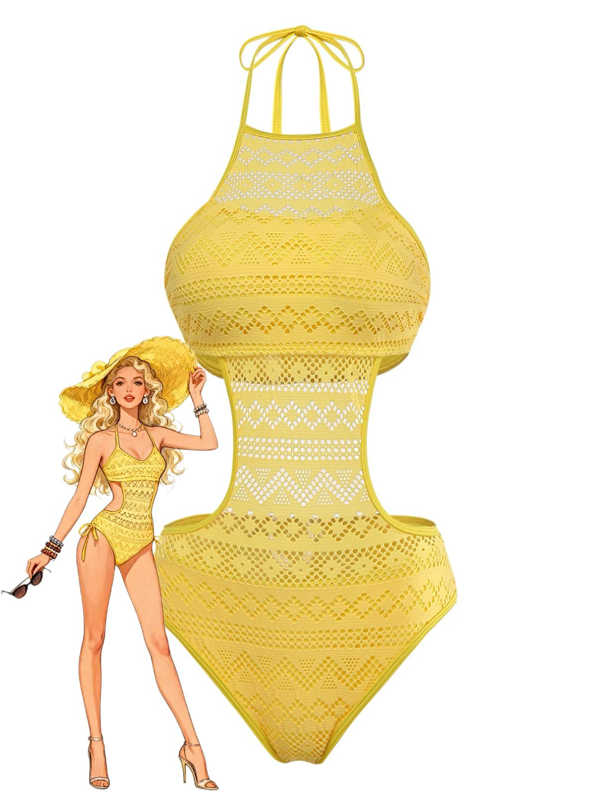 Black 1950s Halter Cut-Out Solid One-Piece Swimsuit - Image 4
