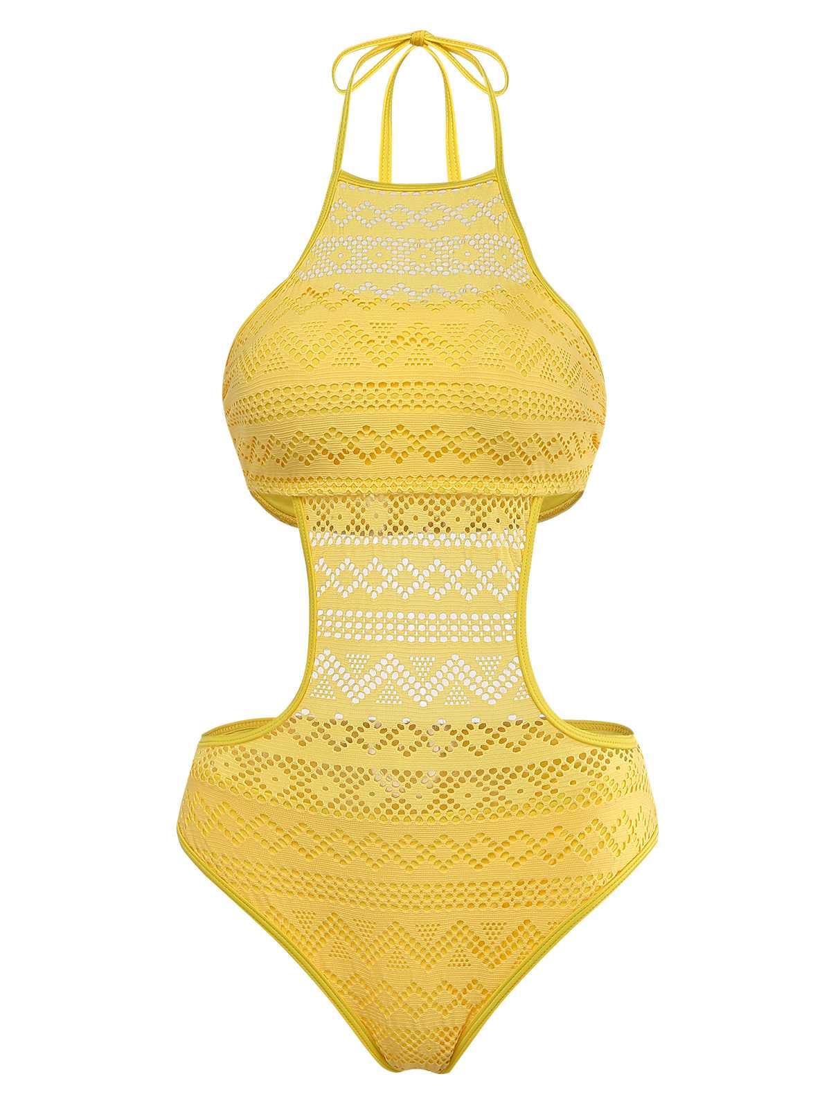 Black 1950s Halter Cut-Out Solid One-Piece Swimsuit - Image 5