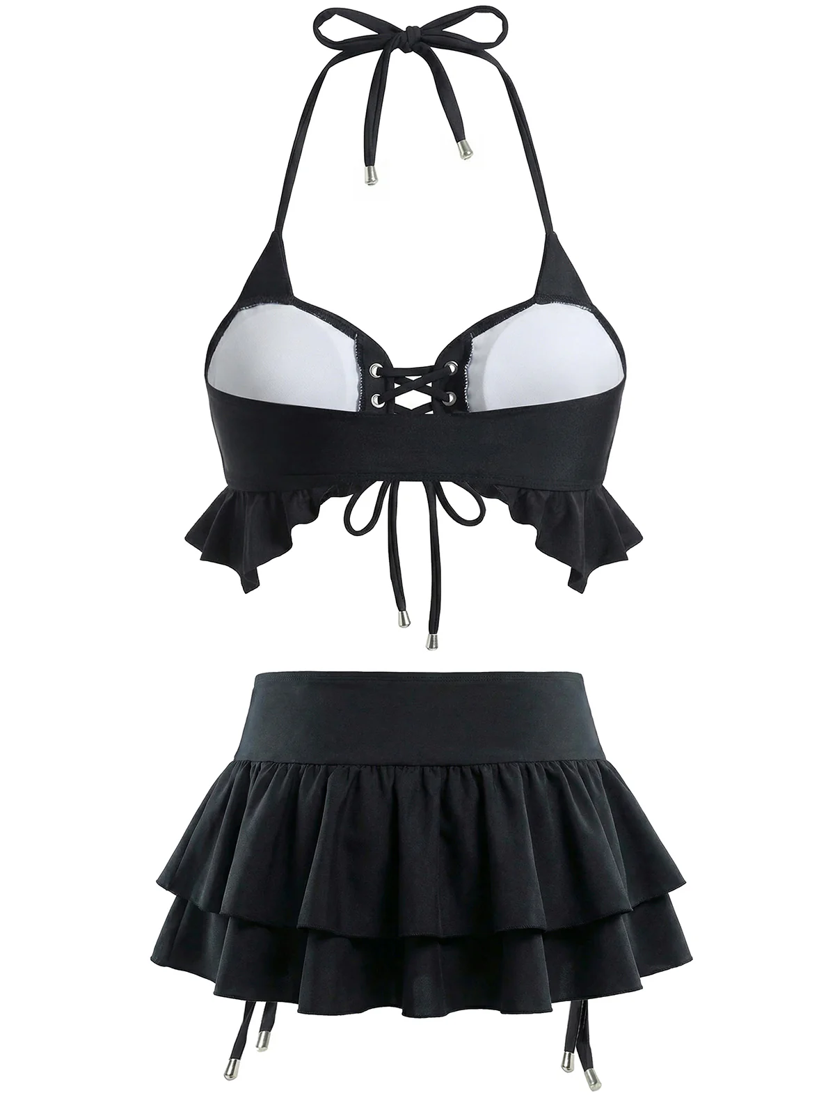 [Pre-Sale] Black 1950s Halter Lace Up Bikini Set & Tiered Cover Up - Image 2
