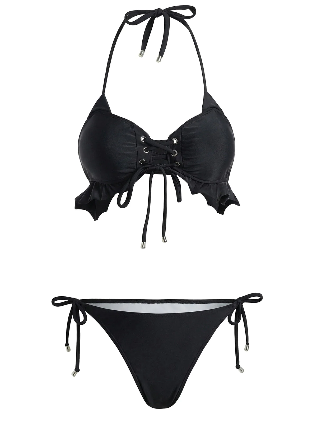 [Pre-Sale] Black 1950s Halter Lace Up Bikini Set & Tiered Cover Up - Image 3