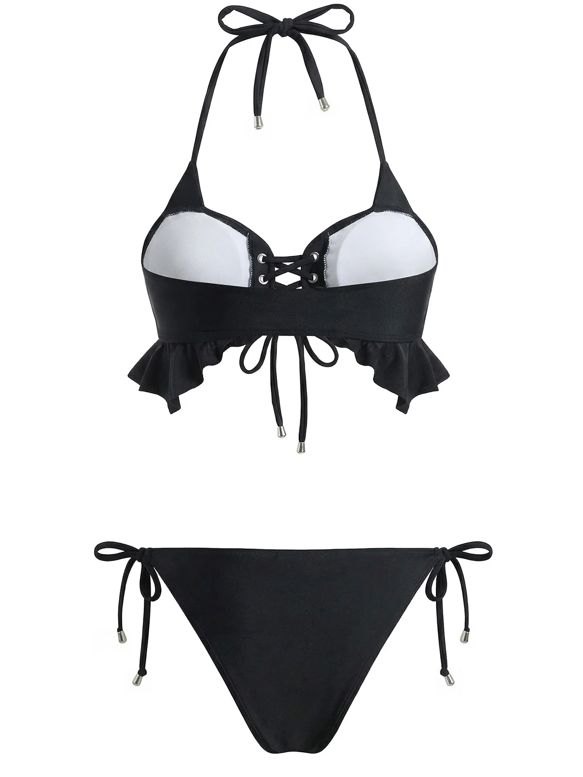 [Pre-Sale] Black 1950s Halter Lace Up Bikini Set & Tiered Cover Up - Image 4