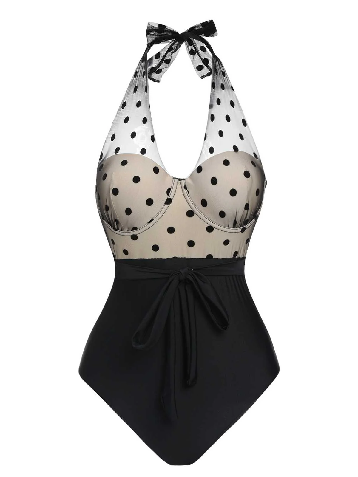 Black 1950s Halter Polka Dots Mesh Swimsuit - Image 2