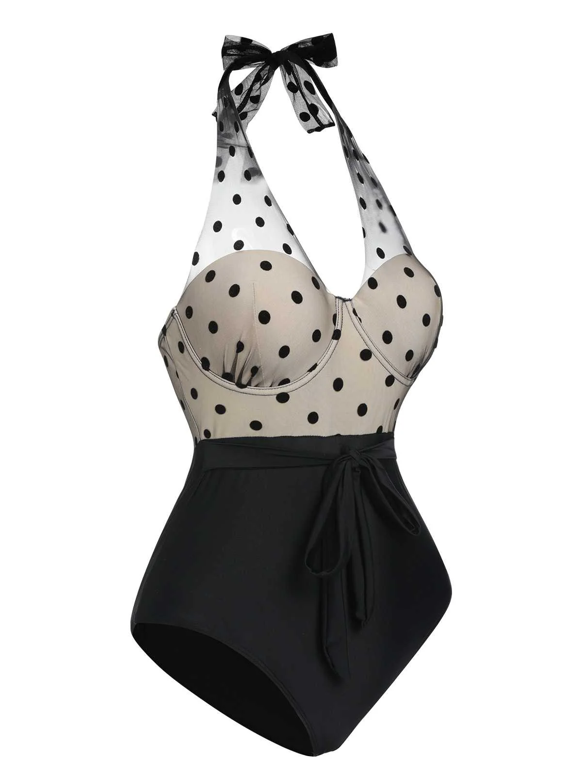 Black 1950s Halter Polka Dots Mesh Swimsuit - Image 3