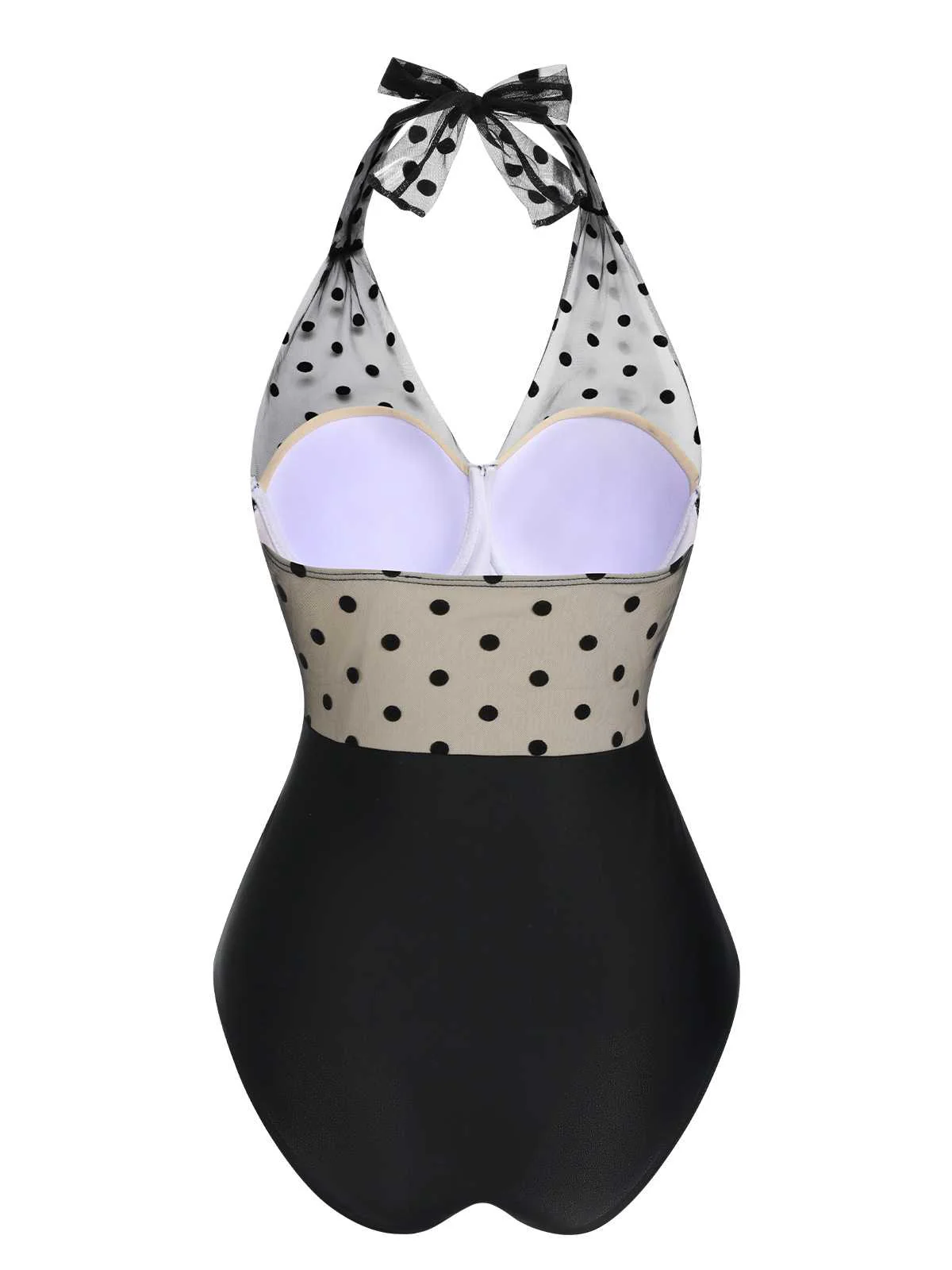Black 1950s Halter Polka Dots Mesh Swimsuit - Image 4