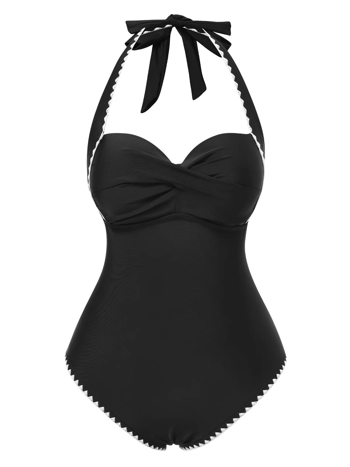 Black 1950s Halter Scallop-Trim One-Piece Swimsuit - Image 2